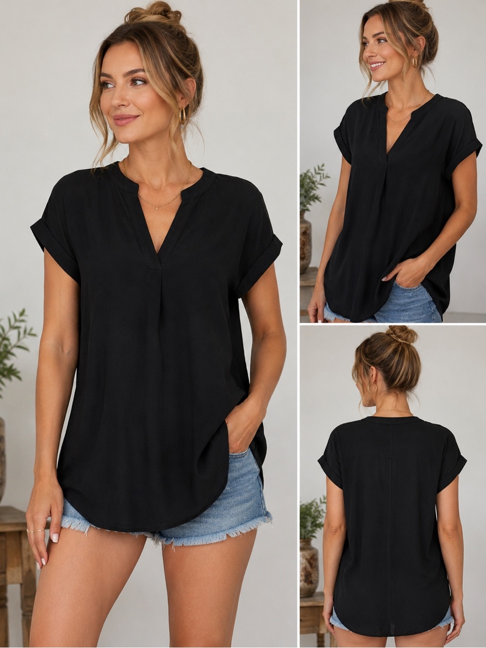 Black V-Neck Short Sleeve Women’s Top